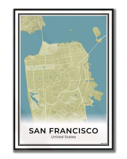 San Francisco Stadskaart – Poster - Moss ingelijst