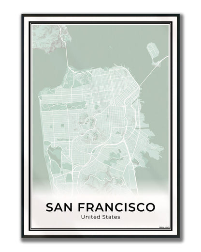 San Francisco Stadskaart – Poster - Sage ingelijst