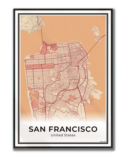 San Francisco Stadskaart – Poster - Terracotta ingelijst