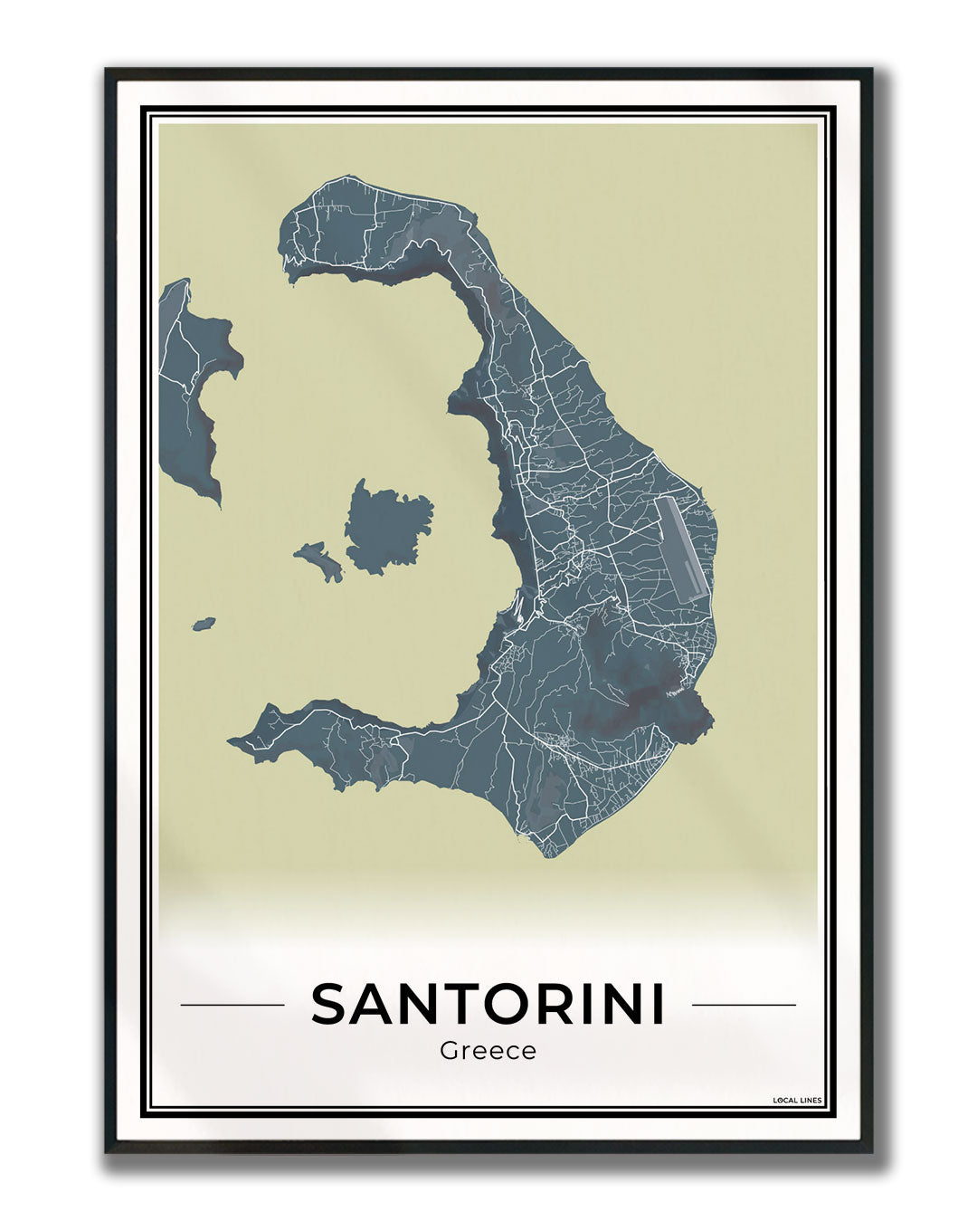 Santorini Eilandkaart – Poster - Midnight ingelijst
