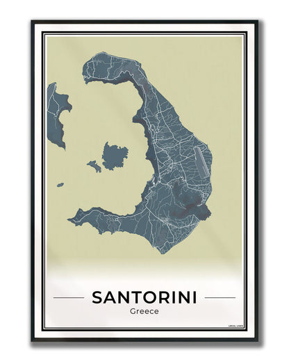 Santorini Eilandkaart – Poster - Midnight ingelijst