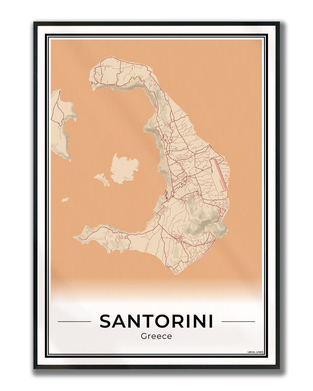 Santorini Eilandkaart – Poster - Terracotta ingelijst