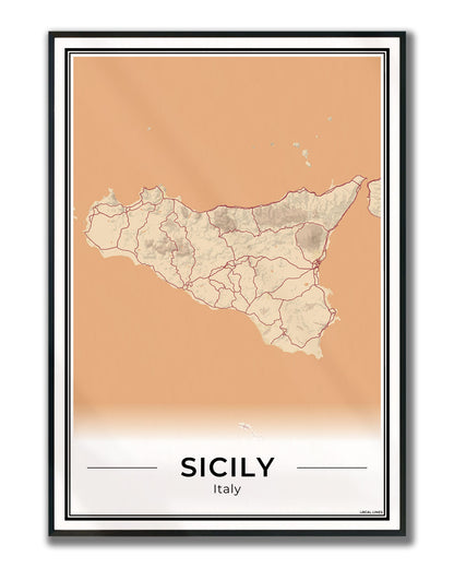 Sicilië Eilandkaart – Poster - Terracotta ingelijst