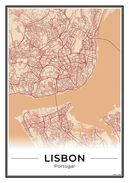 Lissabon Stadskaart – Poster - Terracotta