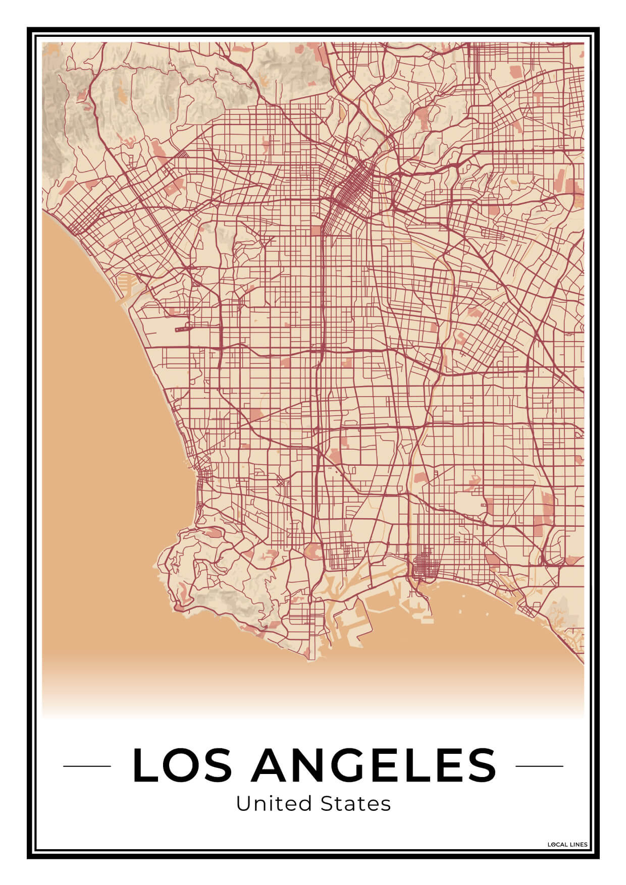 Los Angeles Stadskaart – Poster - Terracotta