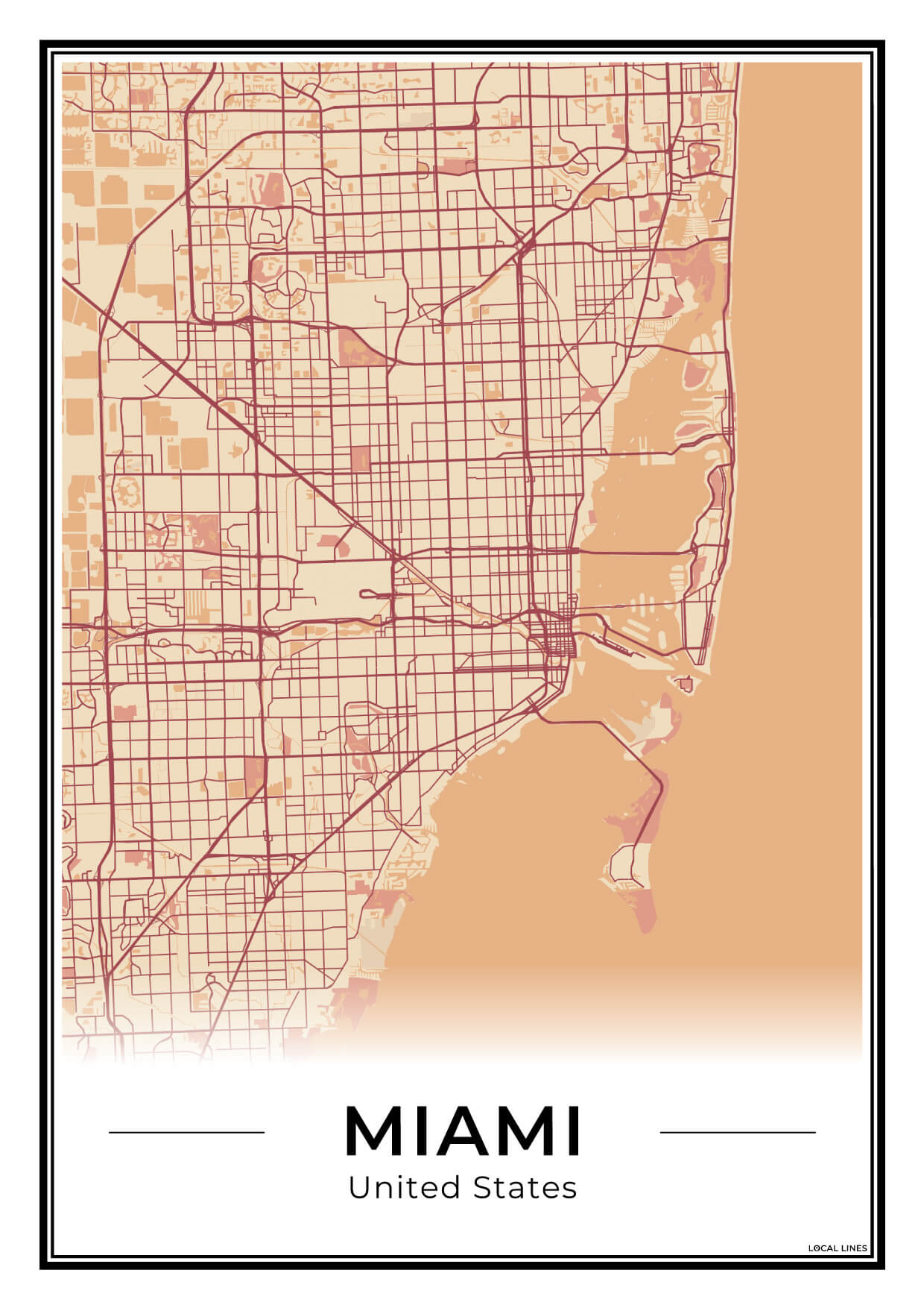 Miami Stadskaart – Poster - Terracotta