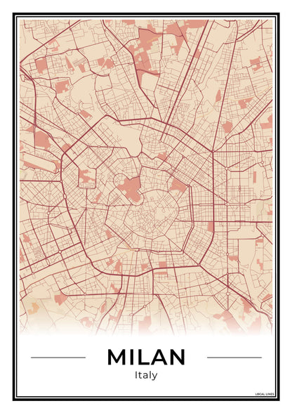 Milaan Stadskaart – Poster - Terracotta