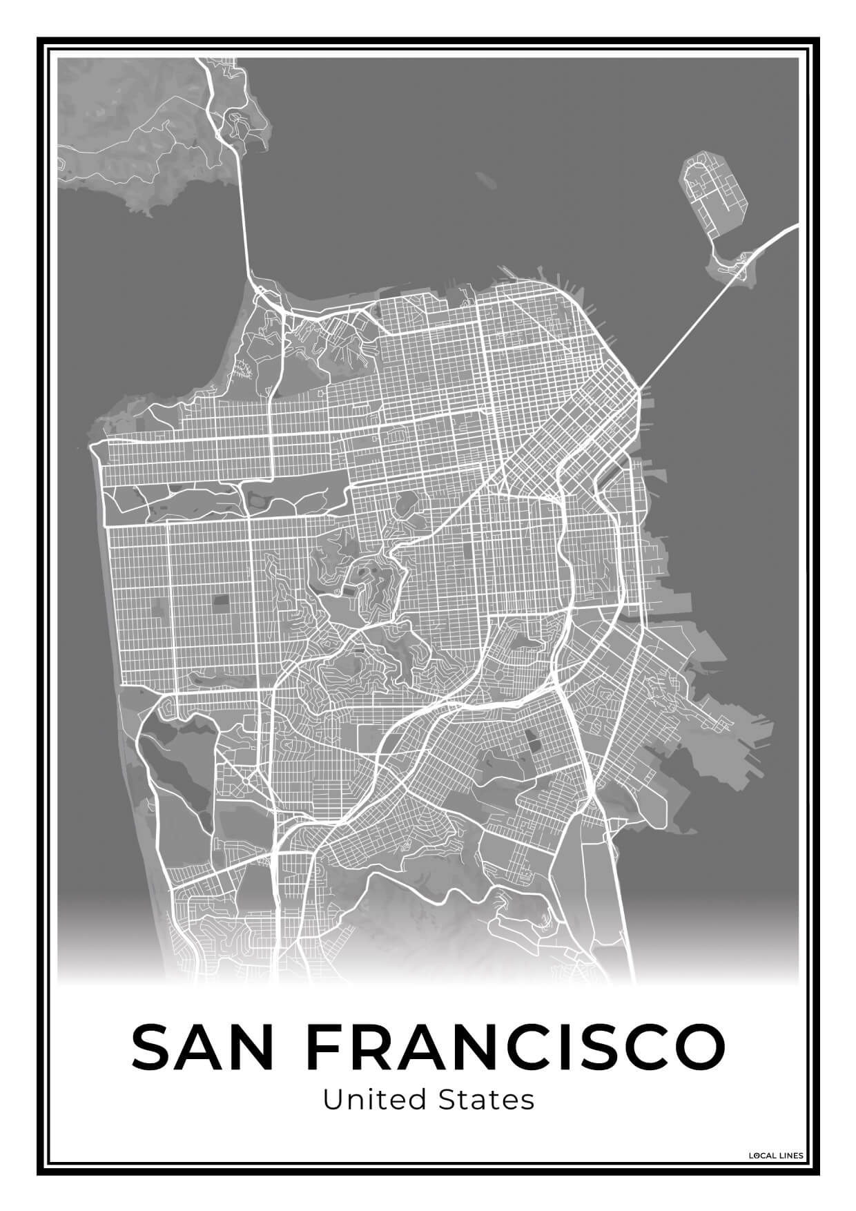San Francisco Stadskaart – Poster - Dark