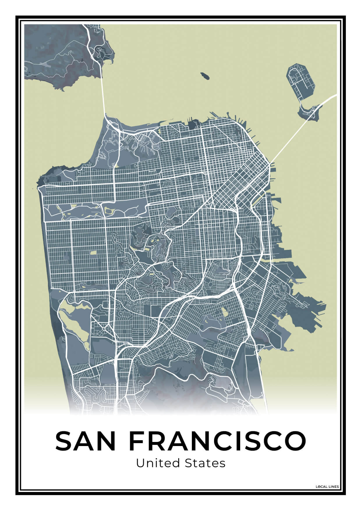 San Francisco Stadskaart – Poster - Midnight