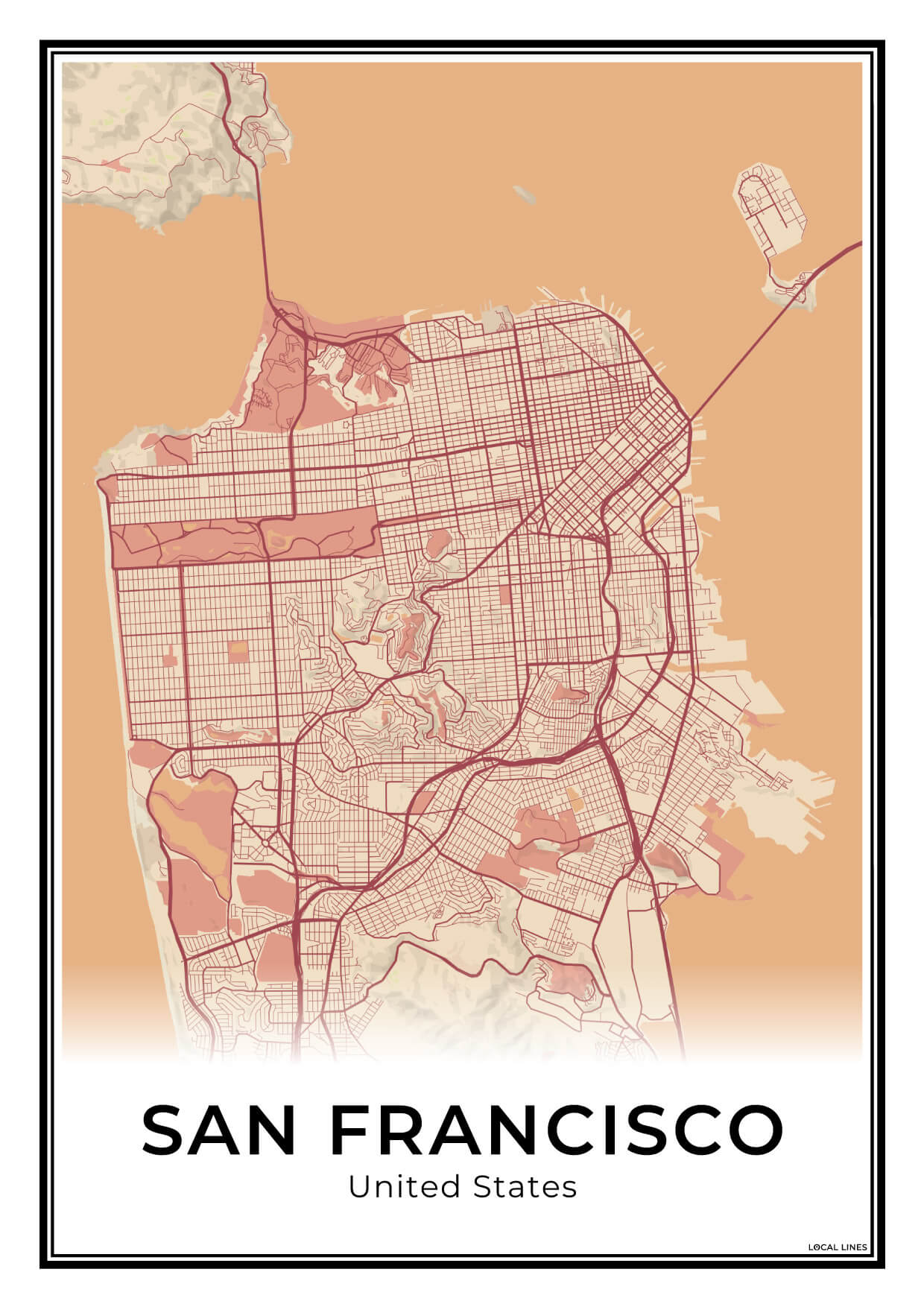 San Francisco Stadskaart – Poster - Terracotta