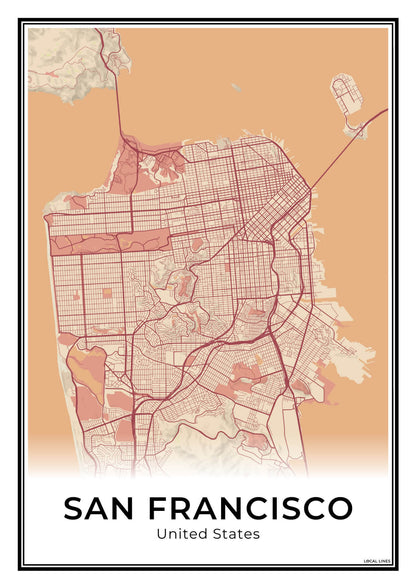 San Francisco Stadskaart – Poster - Terracotta