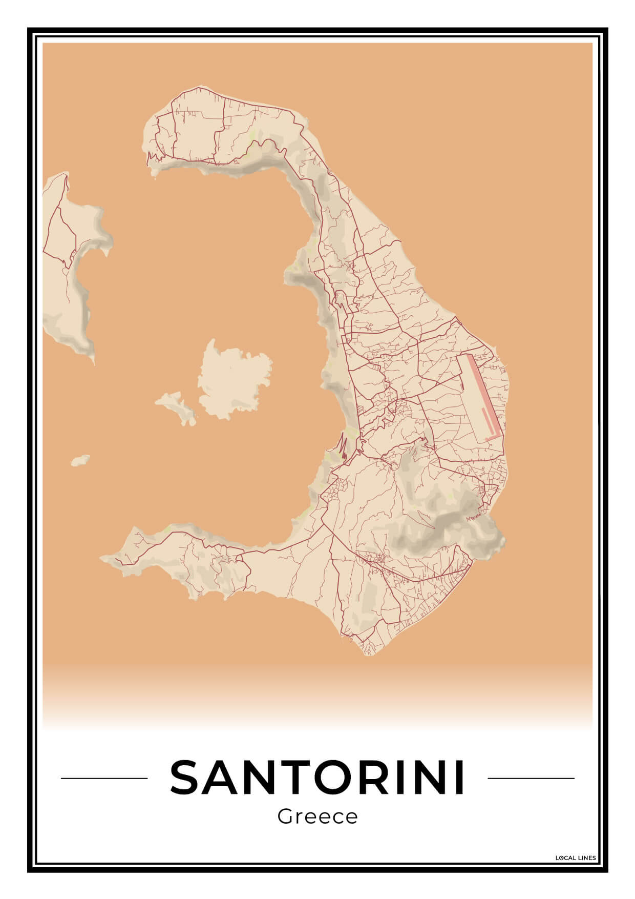 Santorini Eilandkaart – Poster - Terracotta