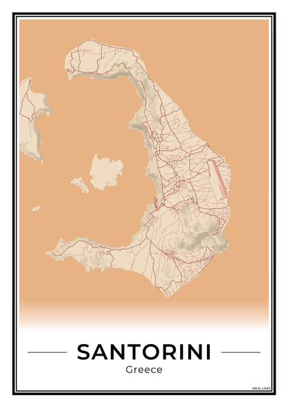 Santorini Eilandkaart – Poster - Terracotta