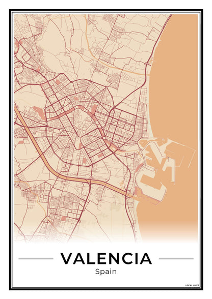 Valencia Stadskaart – Poster - Terracotta