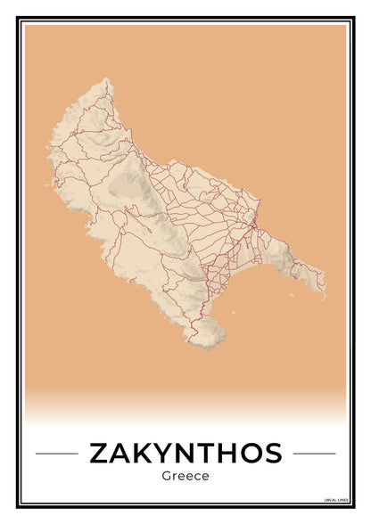 Zakynthos Eilandkaart – Poster - Terracotta