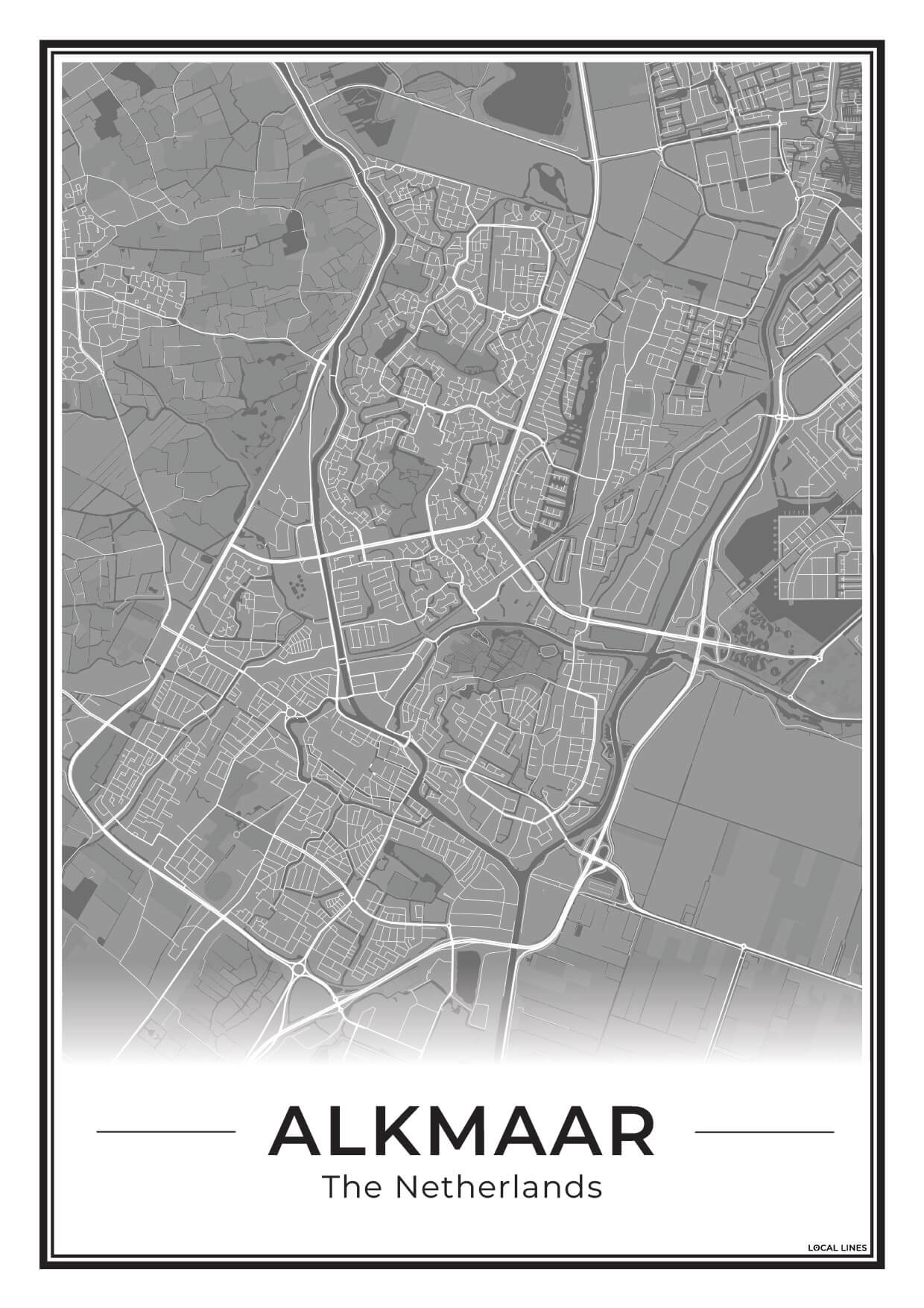 Stadskaart Alkmaar Poster voor Wanddecoratie Dark