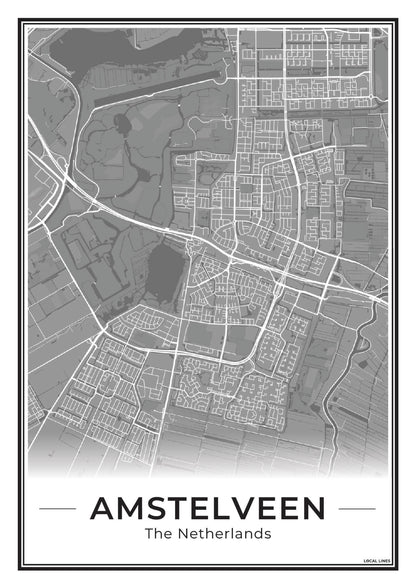 Stadskaart Amstelveen Poster voor Wanddecoratie Dark