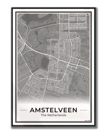 Stadskaart Amstelveen Poster voor Wanddecoratie Ingelijst Dark