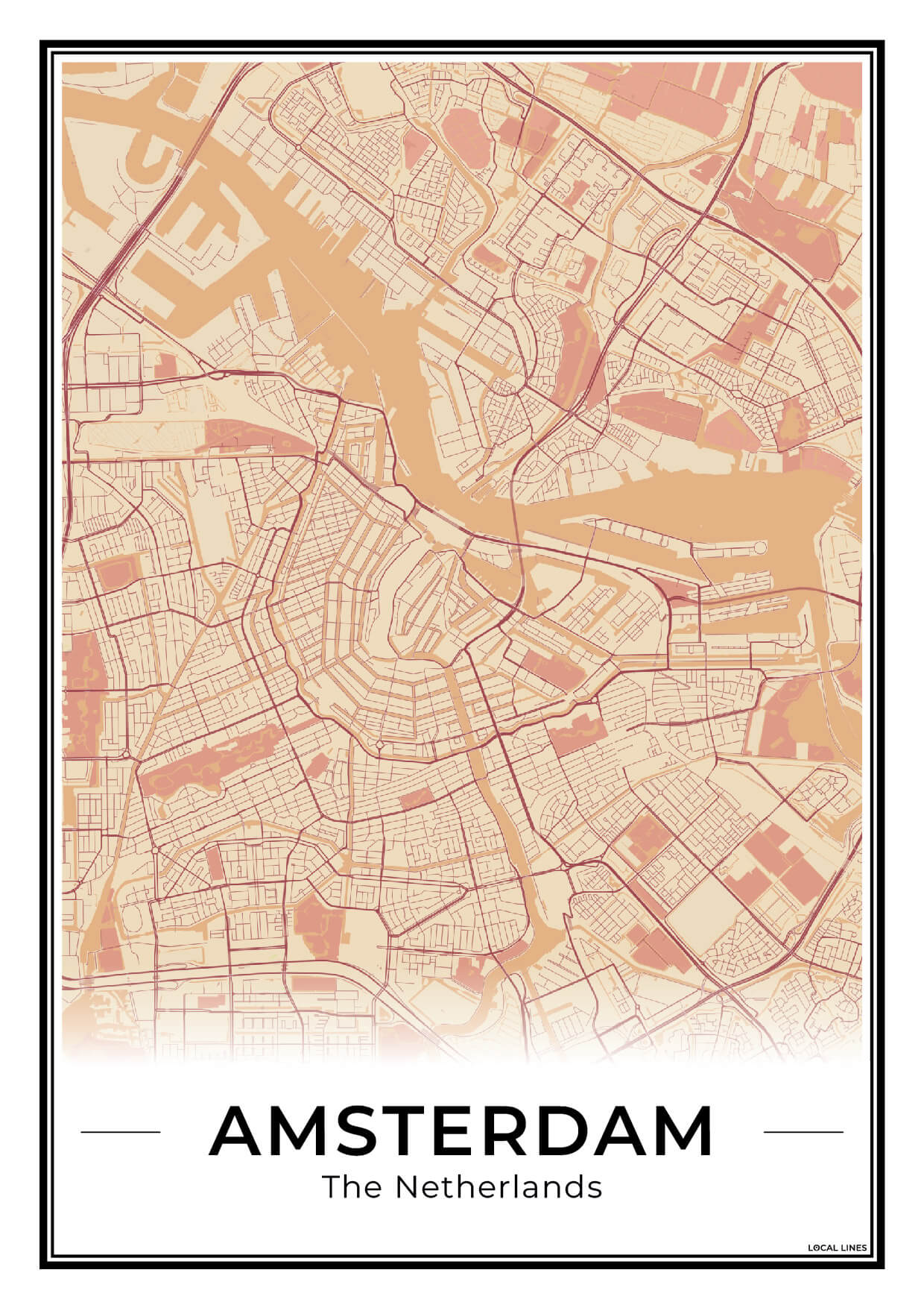Stadskaart Amsterdam Plattegrond Terracotta Ingelijst