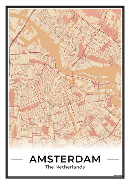 Stadskaart Amsterdam Plattegrond Terracotta Ingelijst