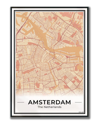 Stadskaart Amsterdam Plattegrond Terracotta ingelijst