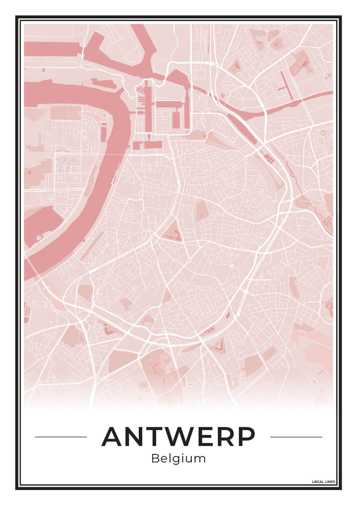 Poster Antwerpen stadskaart als wanddecoratie Blush