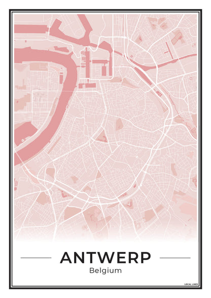 Poster Antwerpen stadskaart als wanddecoratie Blush
