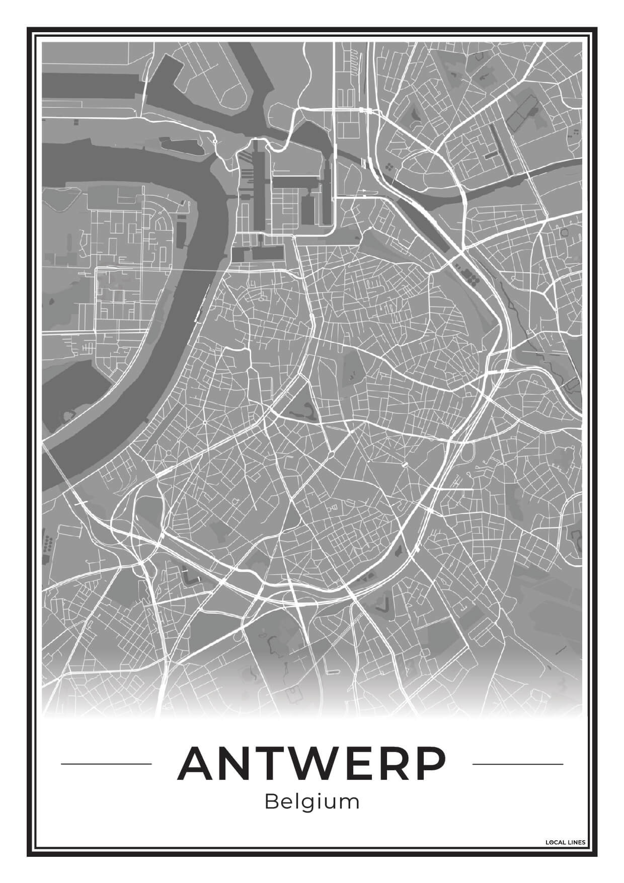 Poster Antwerpen stadskaart als wanddecoratie Dark