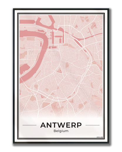 Poster Antwerpen stadskaart als wanddecoratie ingelijst Blush
