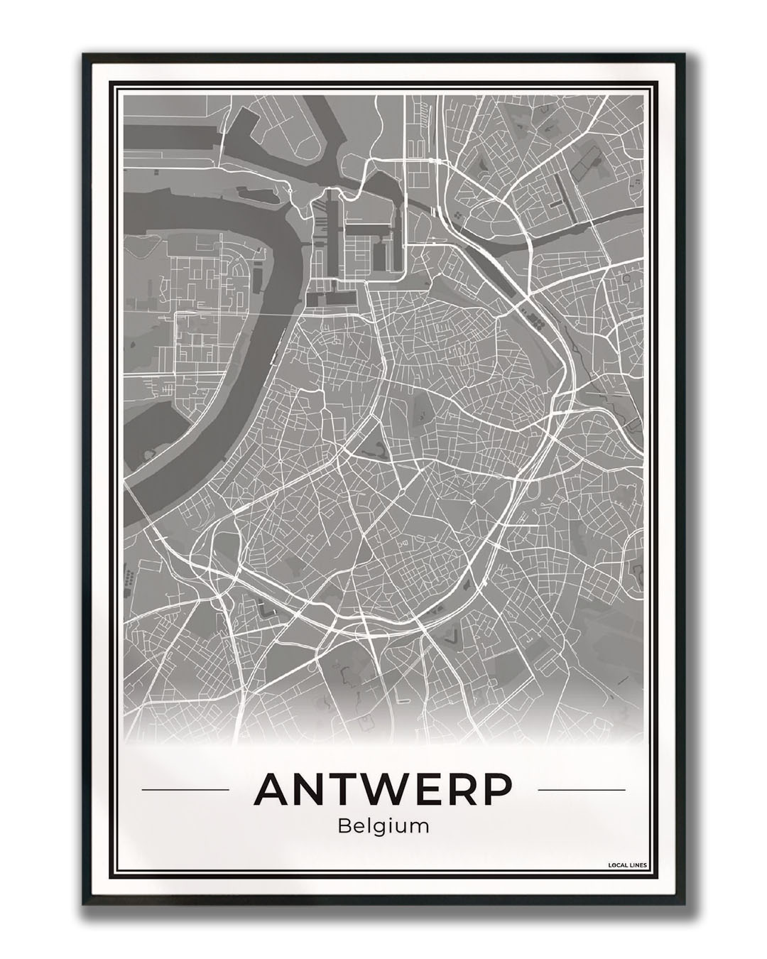 Poster Antwerpen stadskaart als wanddecoratie ingelijst Dark