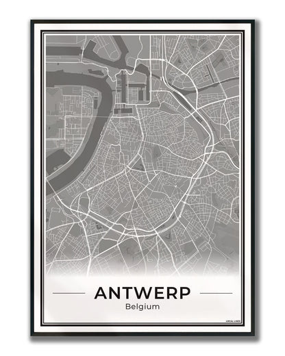 Poster Antwerpen stadskaart als wanddecoratie ingelijst Dark