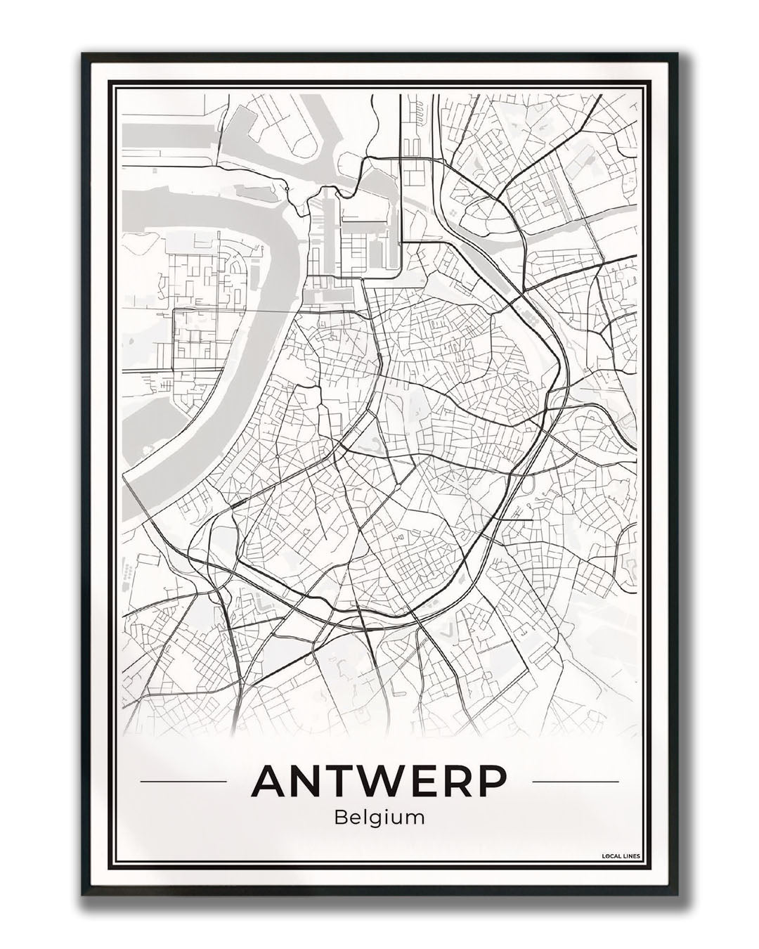 Poster Antwerpen stadskaart als wanddecoratie ingelijst Light