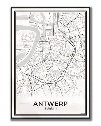 Poster Antwerpen stadskaart als wanddecoratie ingelijst Light