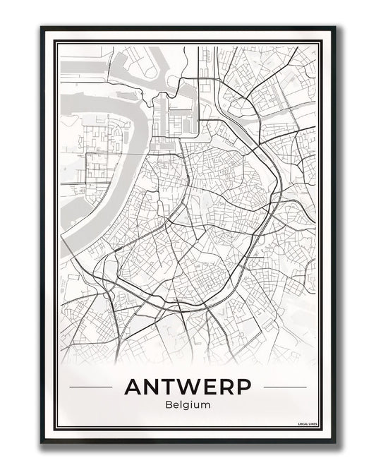 Poster Antwerpen stadskaart als wanddecoratie ingelijst Light