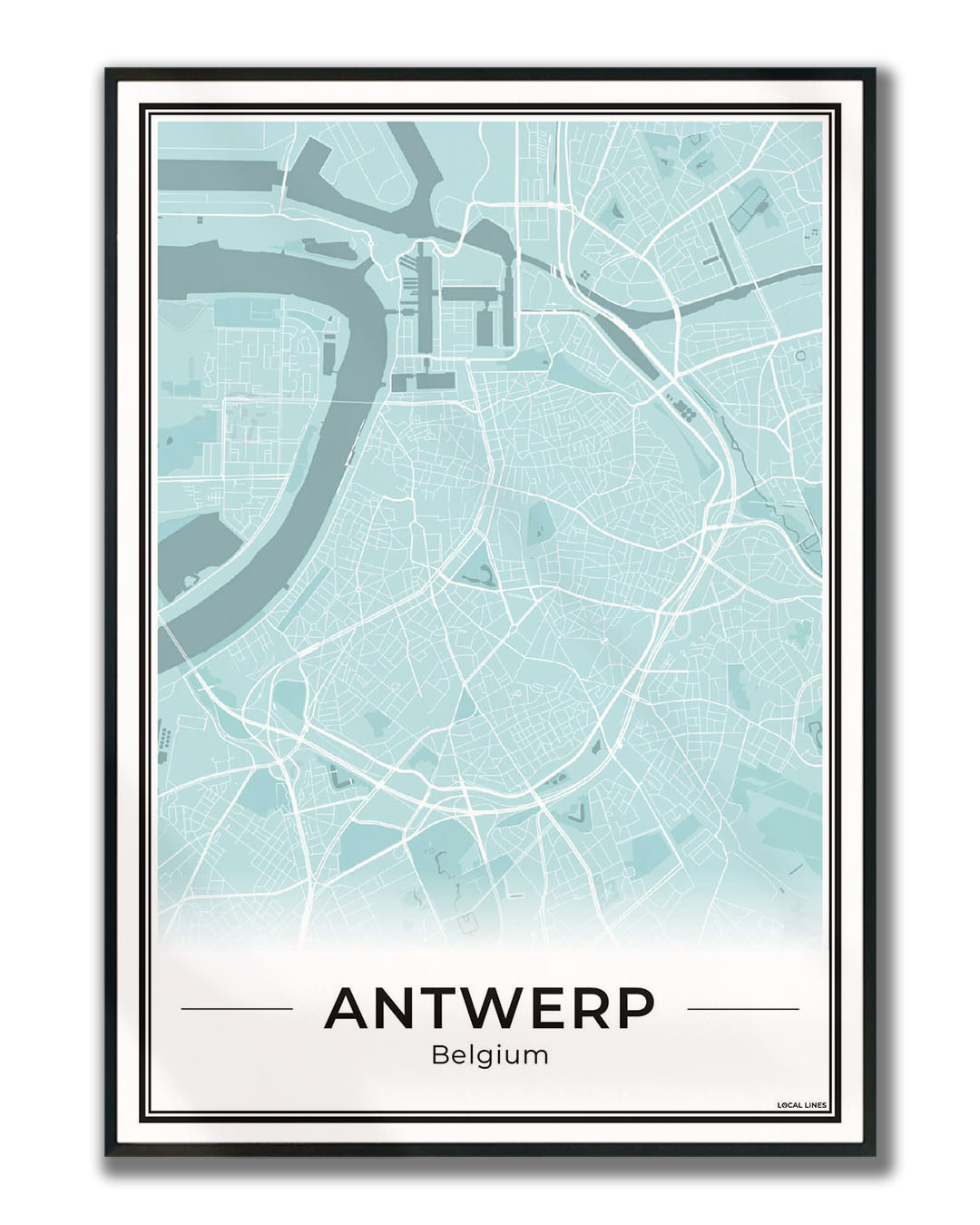 Poster Antwerpen stadskaart als wanddecoratie ingelijst Sky