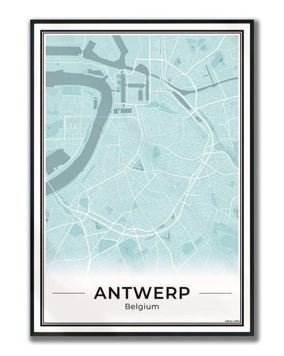 Poster Antwerpen stadskaart als wanddecoratie ingelijst Sky