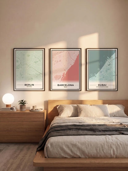Poster Barcelona Plattegrond als Wanddecoratie in 3 kleuren in slaapkamer Algemeen