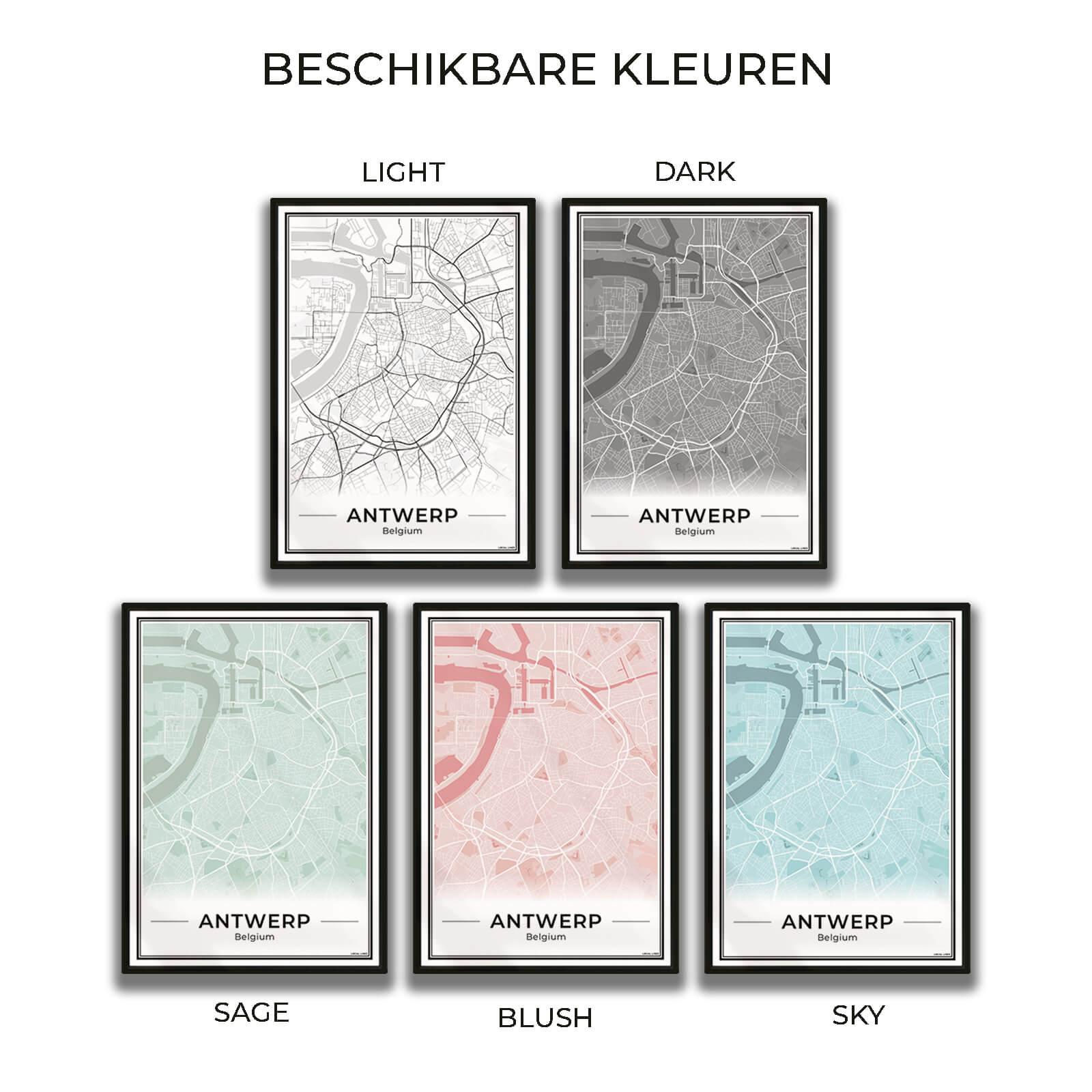 Poster Antwerpen stadskaart als wanddecoratie in 5 Kleuren Algemeen