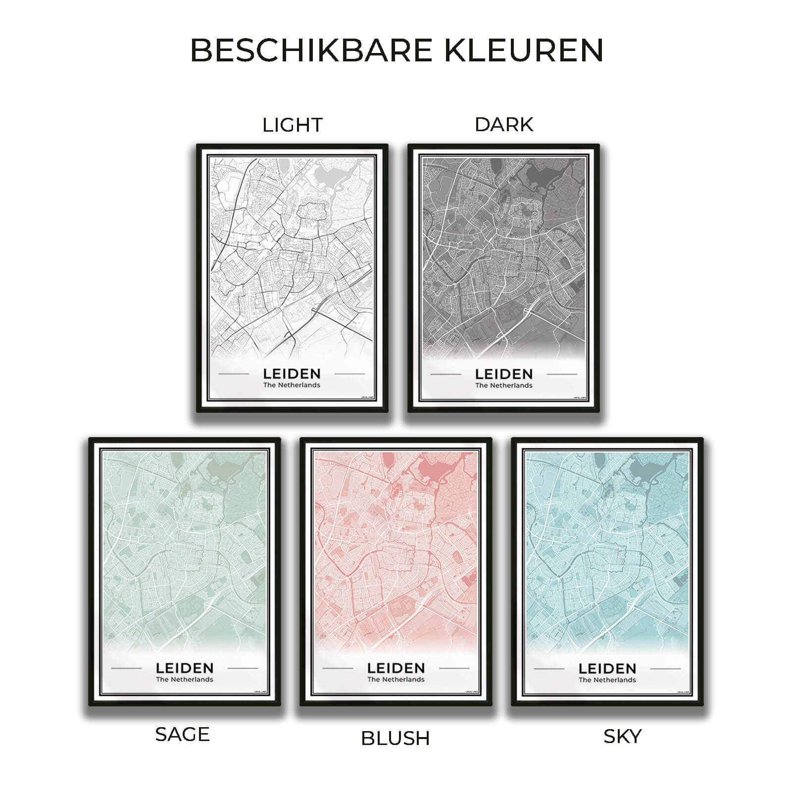 Stadskaart Leiden Poster voor Wanddecoratie in 5 Kleuren verkrijgbaar Algemeen