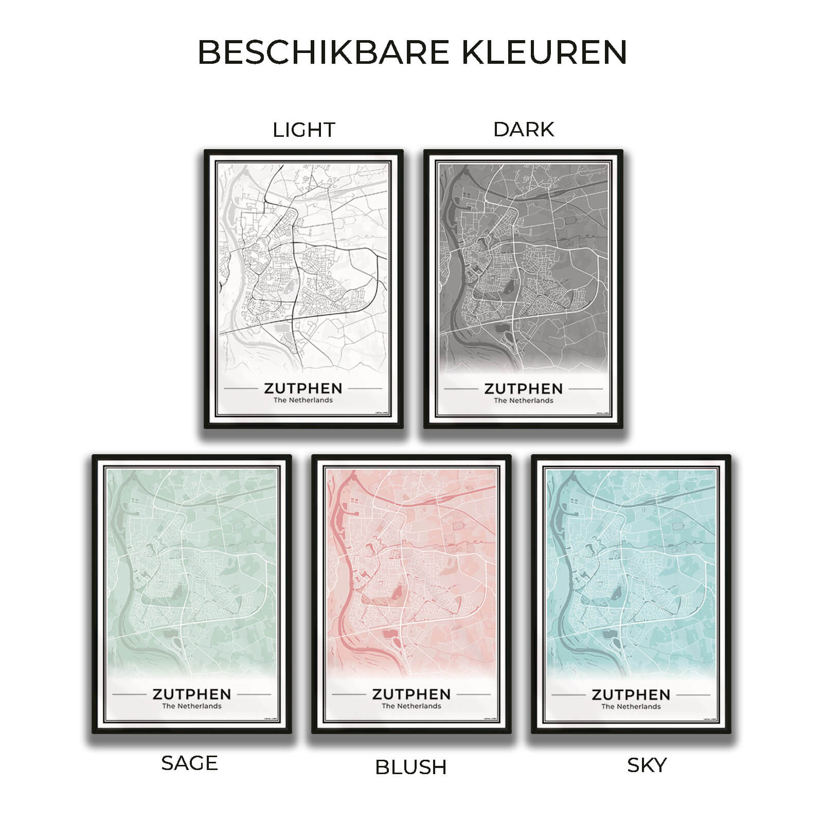 Zutphen Plattegrond Poster voor Woonkamer in 5 Kleuren Algemeen