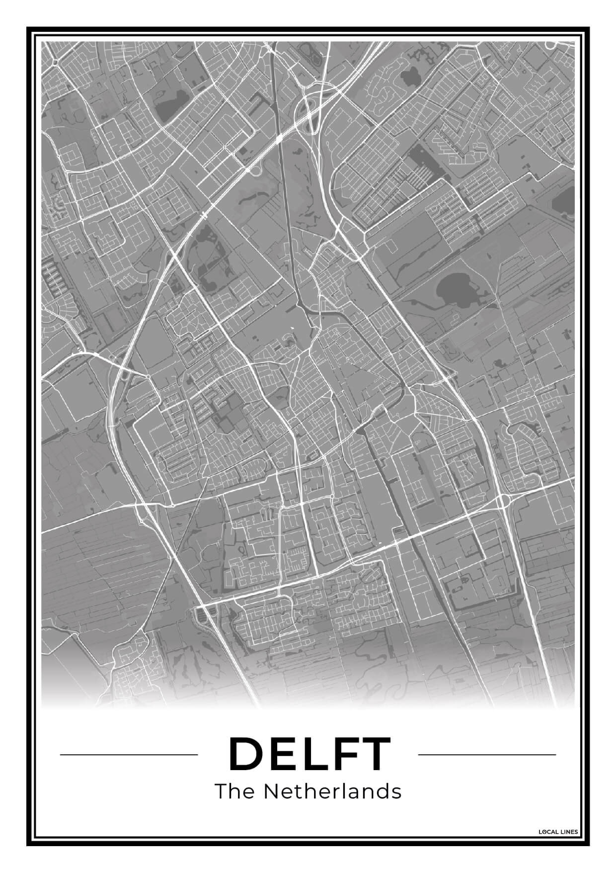 Stadskaart Delft Poster voor Wanddecoratie Dark
