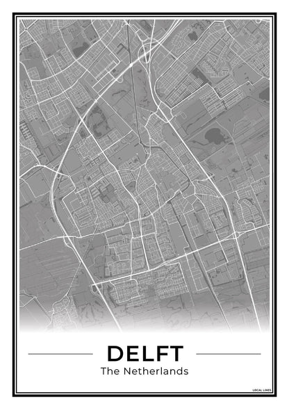 Stadskaart Delft Poster voor Wanddecoratie Dark