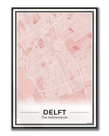 Stadskaart Delft Poster voor Wanddecoratie Ingelijst Blush