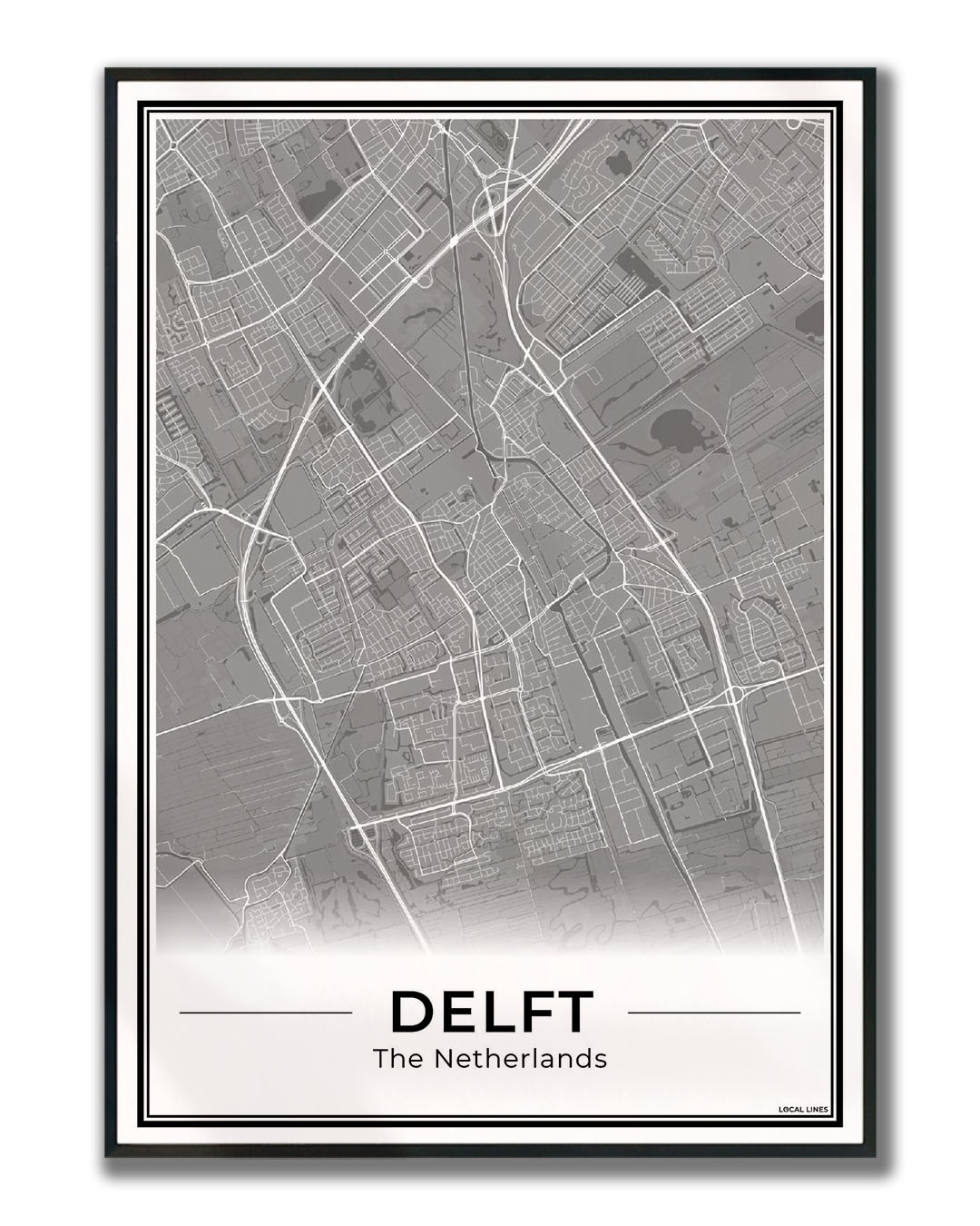 Stadskaart Delft Poster voor Wanddecoratie ingelijst Dark
