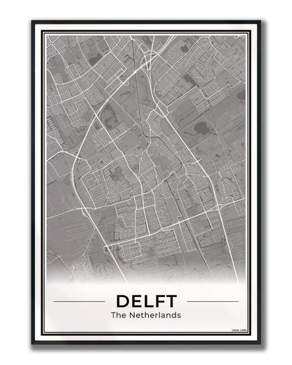 Stadskaart Delft Poster voor Wanddecoratie ingelijst Dark