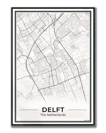 Stadskaart Delft Poster voor Wanddecoratie Ingelijst Light