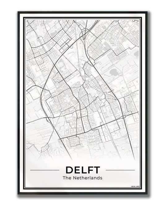 Stadskaart Delft Poster voor Wanddecoratie Ingelijst Light