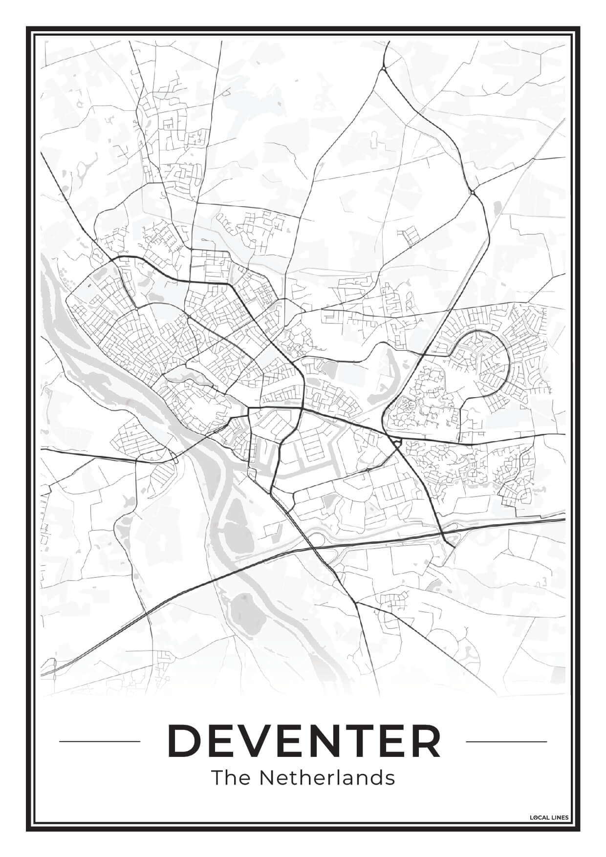 Stadskaart Deventer Poster voor Wanddecoratie Light