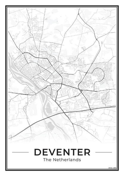 Stadskaart Deventer Poster voor Wanddecoratie Light