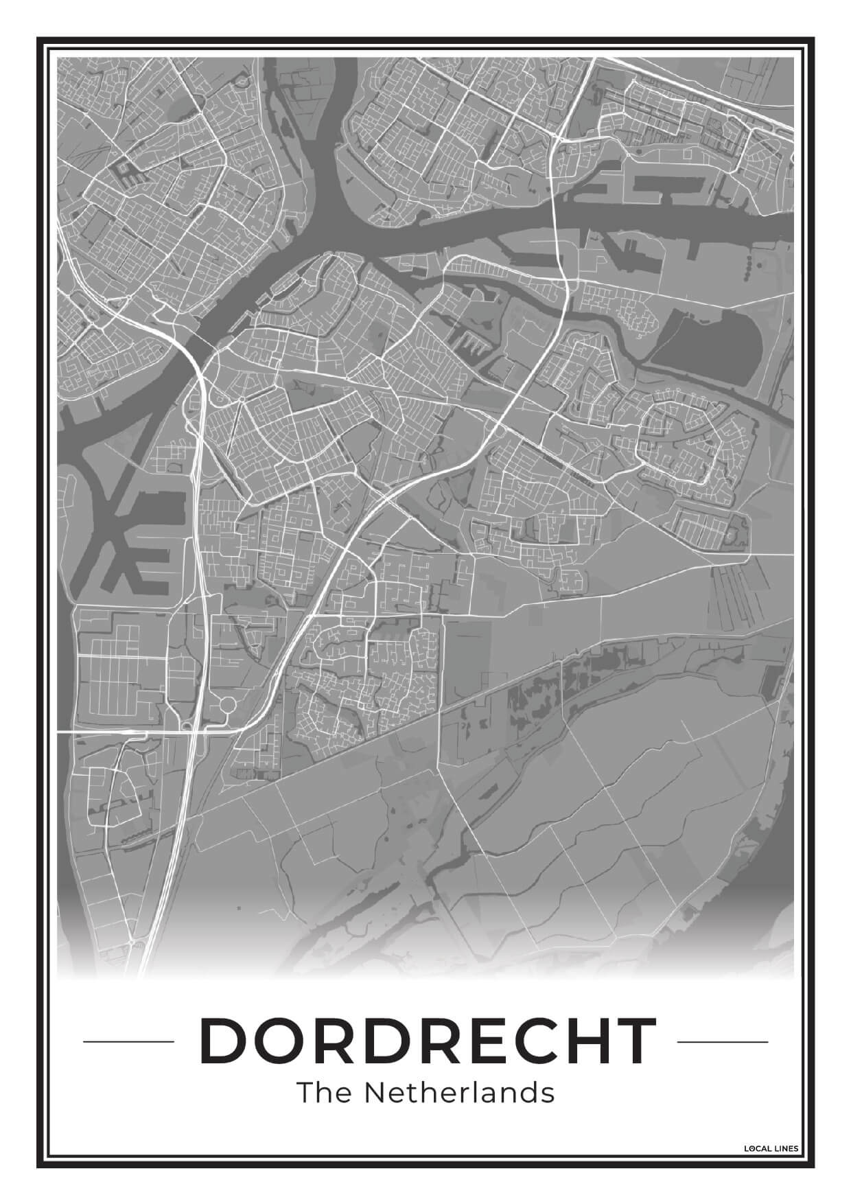 Stadsplattegrond Dordrecht Poster voor Wanddecoratie Dark